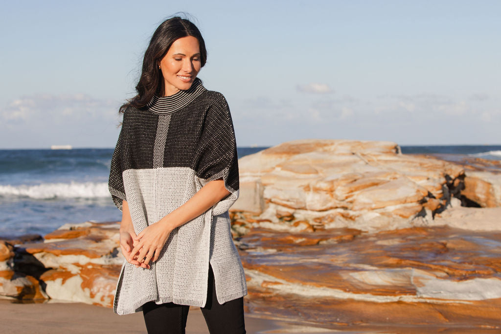 Aust Wool Blend Mock Neck Jacq Poncho