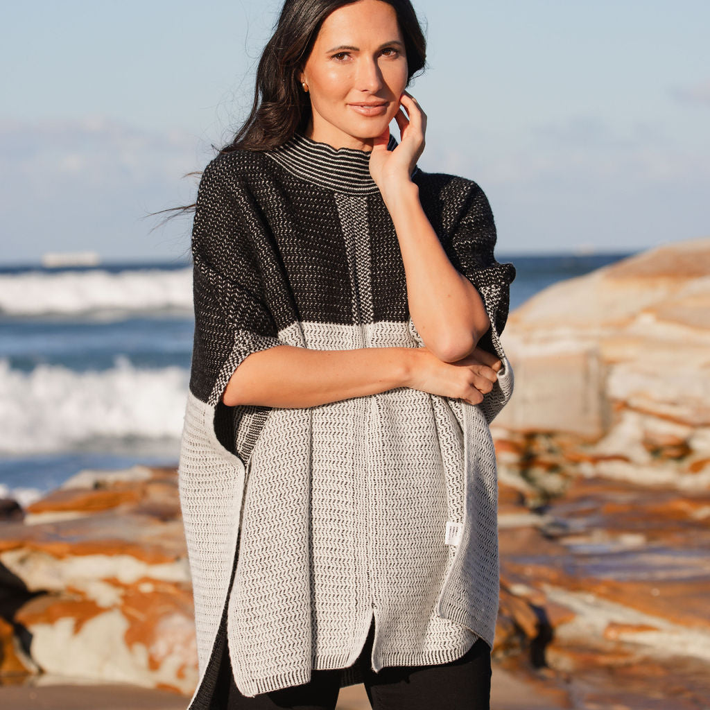 Aust Wool Blend Mock Neck Jacq Poncho