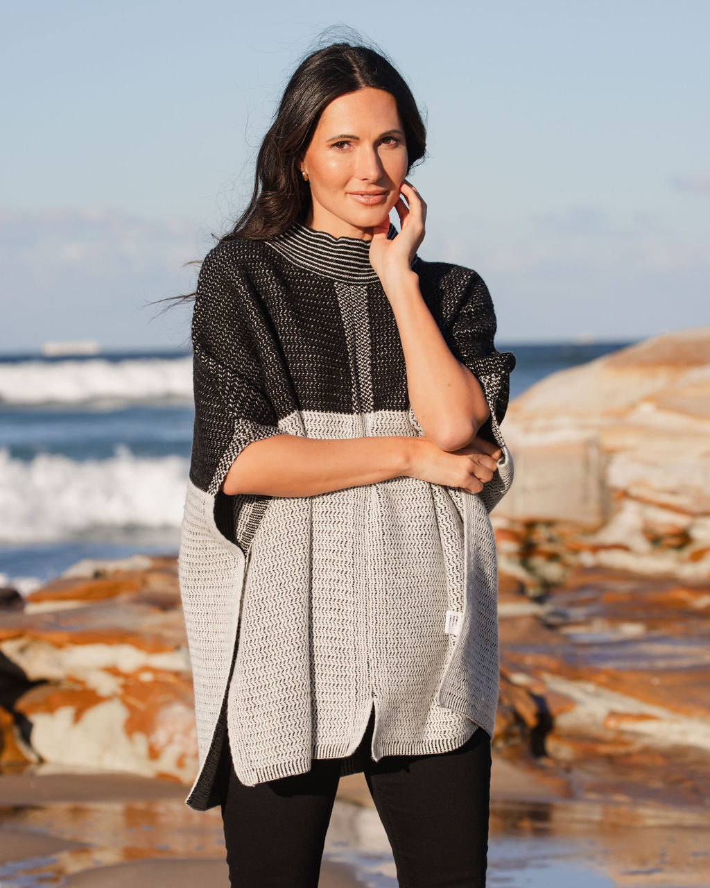 Aust Wool Blend Mock Neck Jacq Poncho
