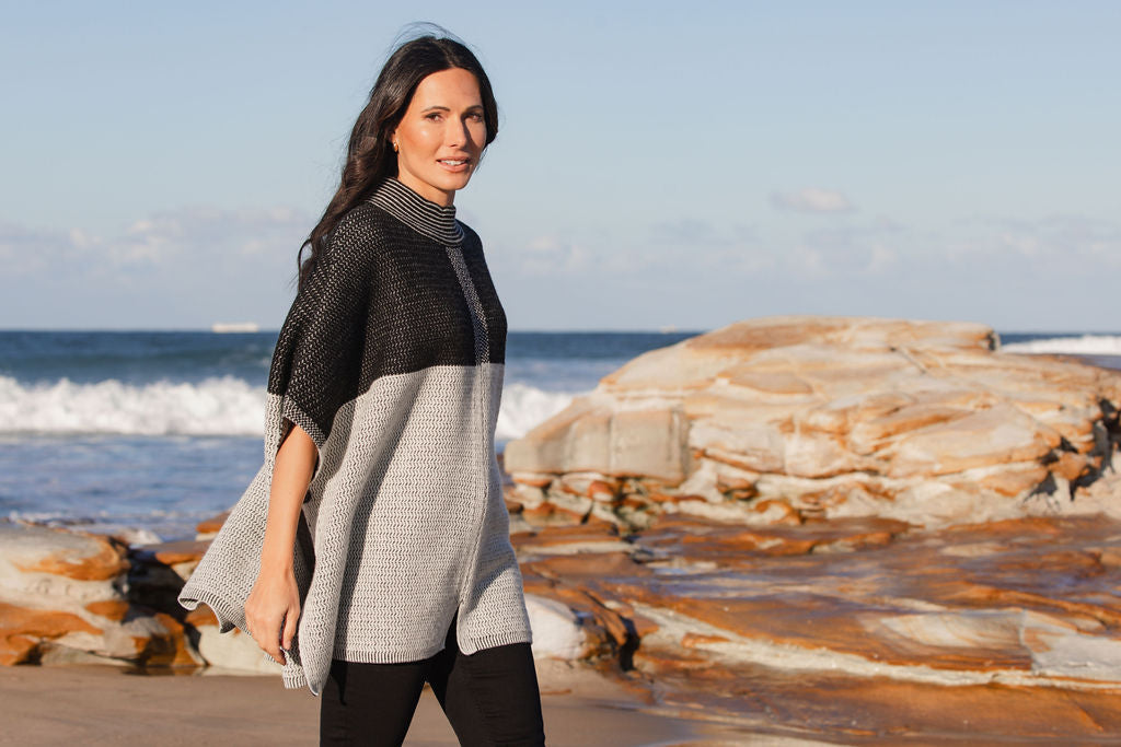 Aust Wool Blend Mock Neck Jacq Poncho