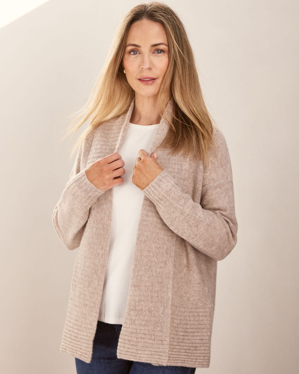 100% Luxe Merino Wool Rib Shawl Open Cardigan