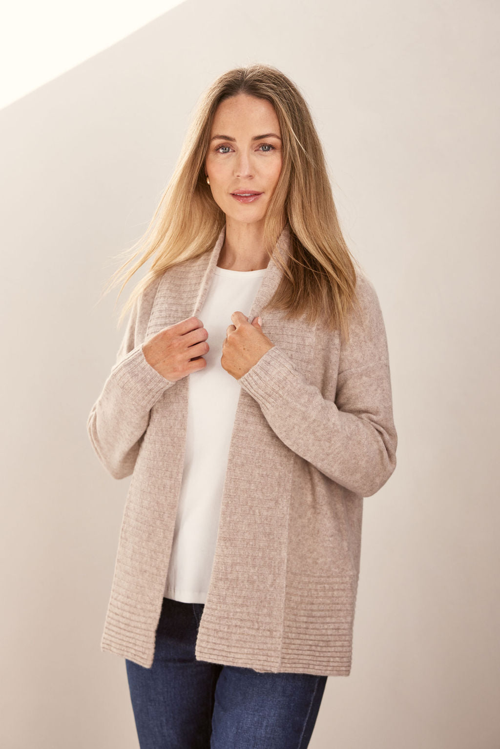 100% Luxe Merino Wool Rib Shawl Open Cardigan